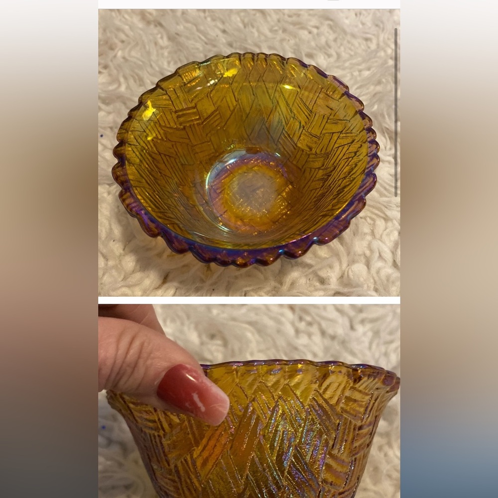 Vintage Indiana Glass Iridescent Amber Carnival Glass Basket Weave Bowl
